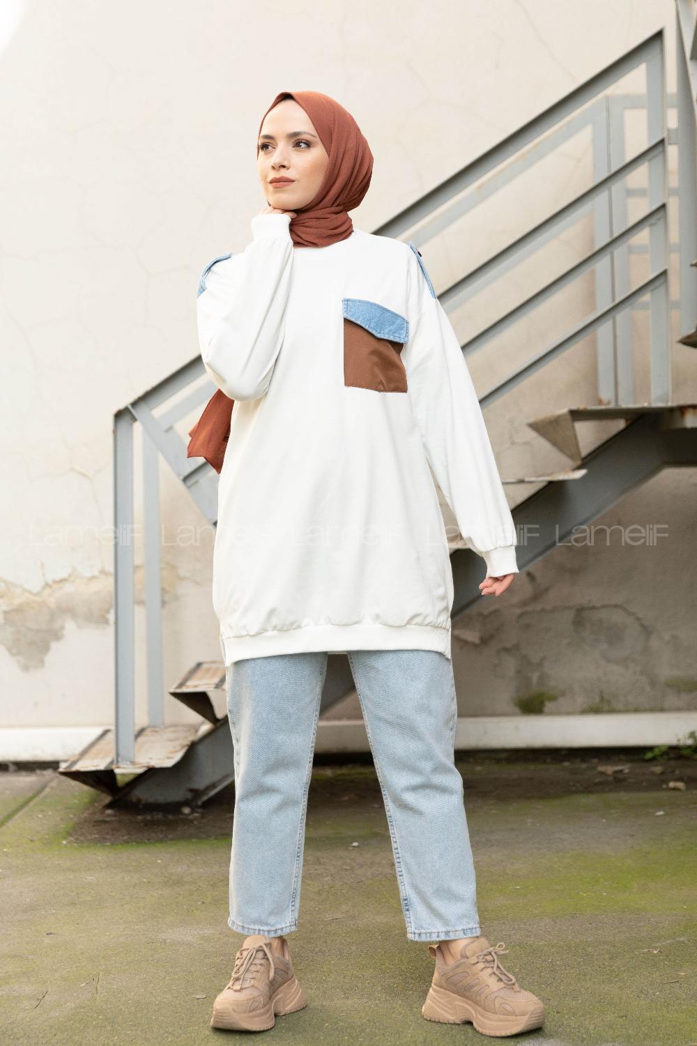 Modalamelif Kot Cepli Apoletli Sweatshirt Ekru