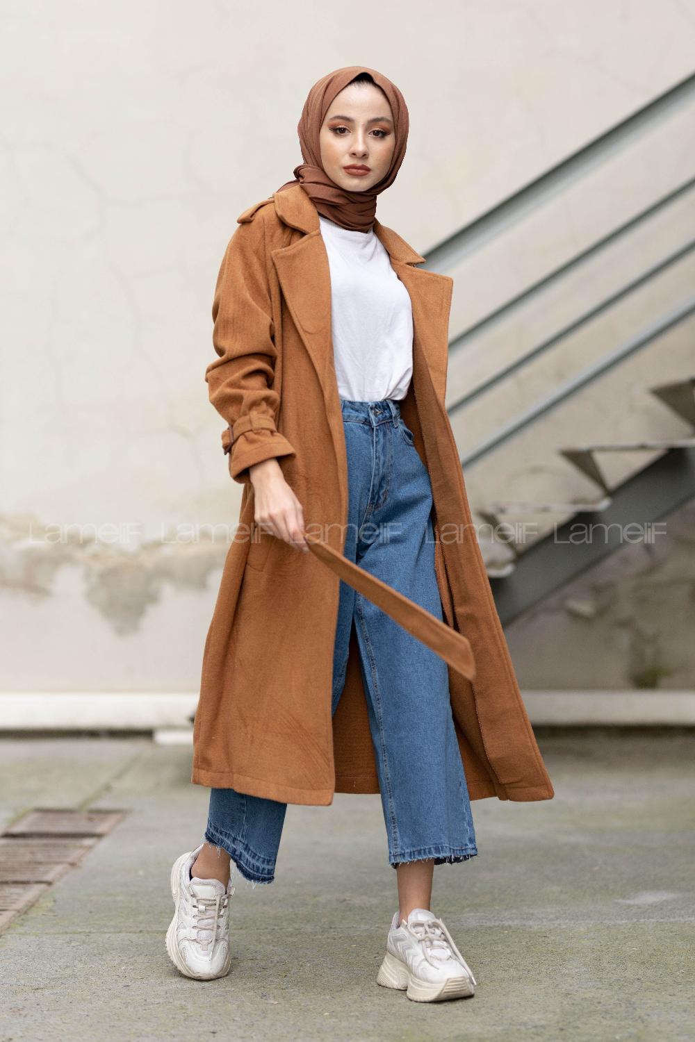 Modalamelif Kuşak Bağlamalı Kaşe Kaban Camel