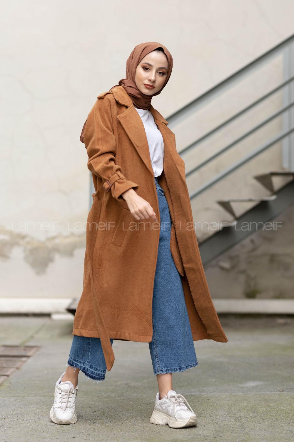 Modalamelif Kuşak Bağlamalı Kaşe Kaban Camel