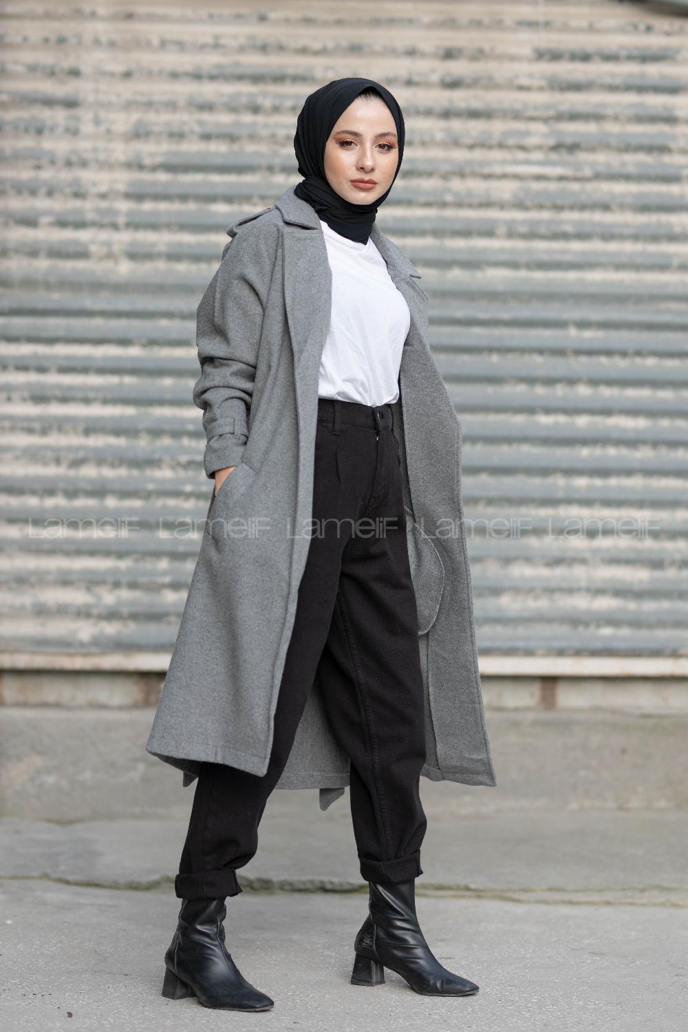 Modalamelif Kuşak Bağlamalı Kaşe Kaban Gri