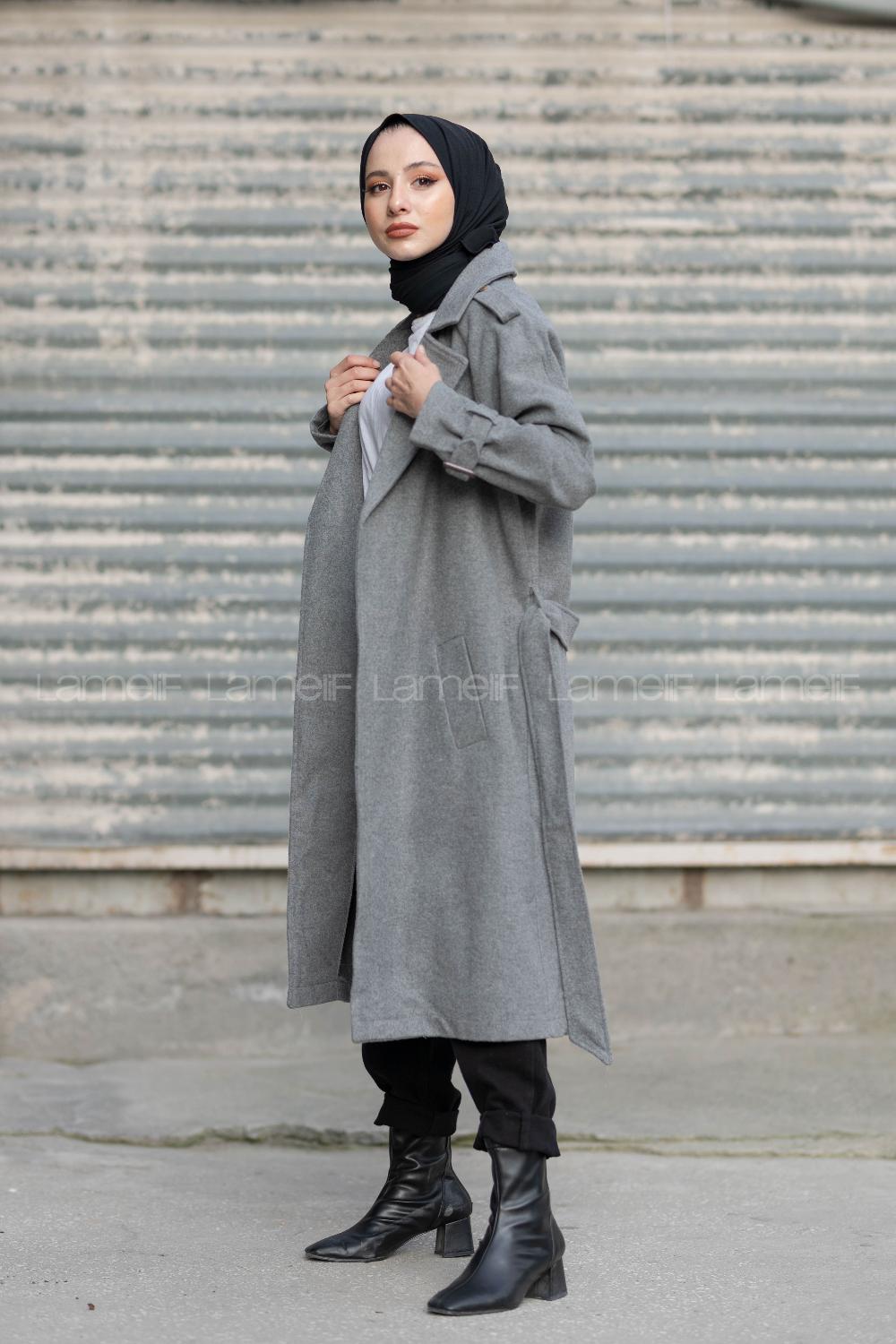 Modalamelif Kuşak Bağlamalı Kaşe Kaban Gri