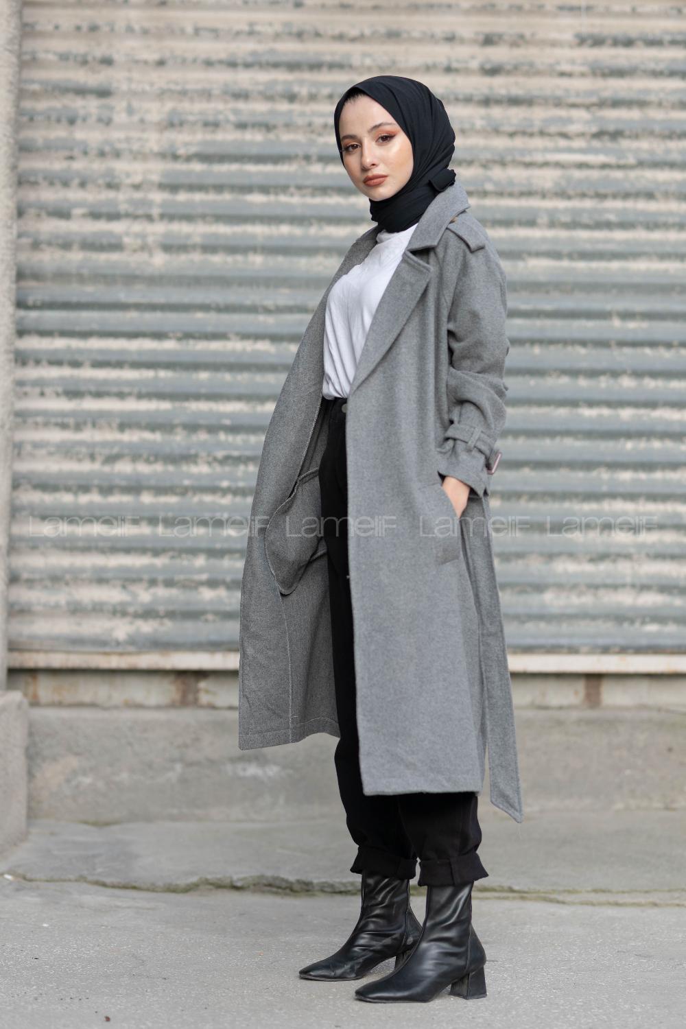 Modalamelif Kuşak Bağlamalı Kaşe Kaban Gri