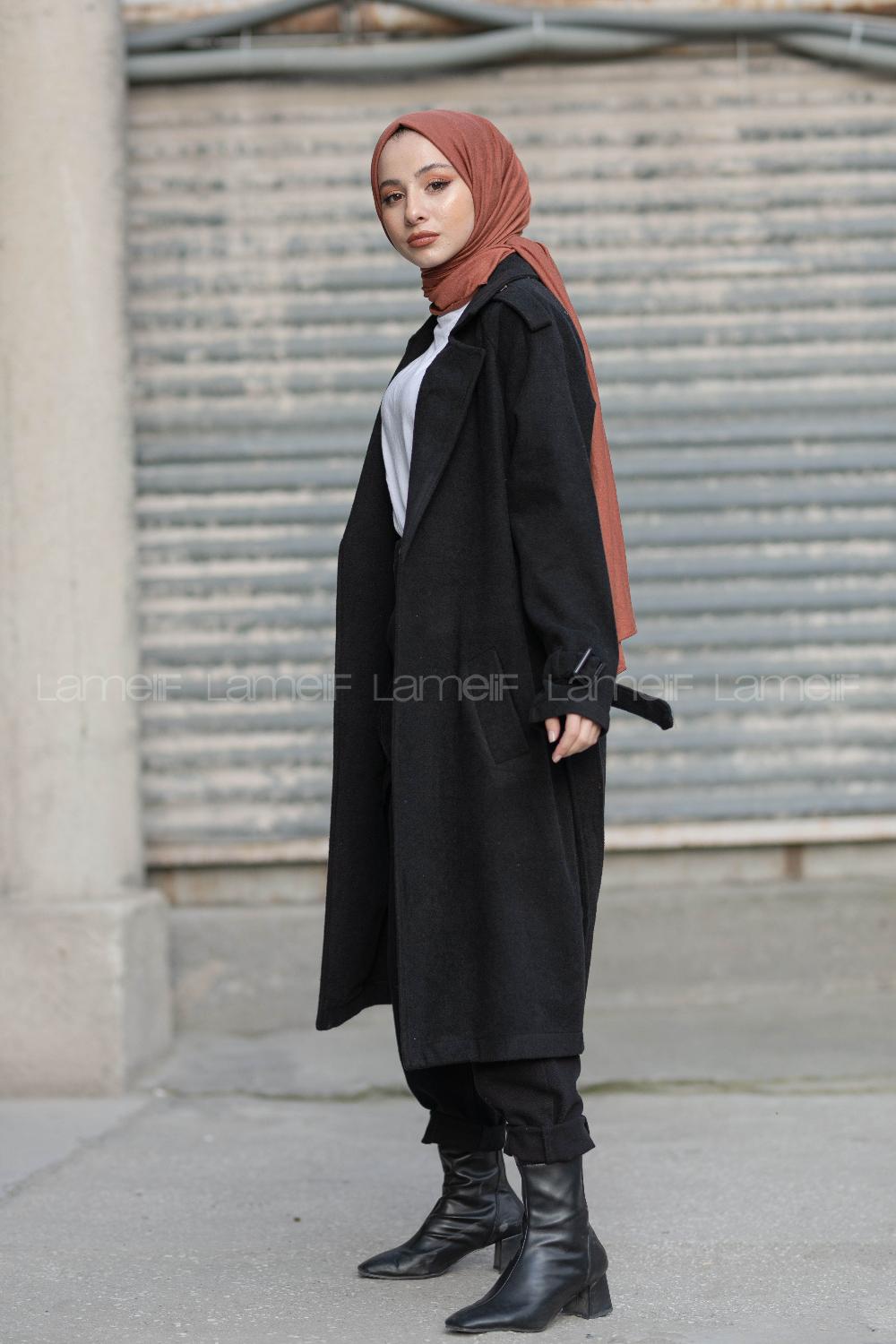 Modalamelif Kuşak Bağlamalı Kaşe Kaban Siyah