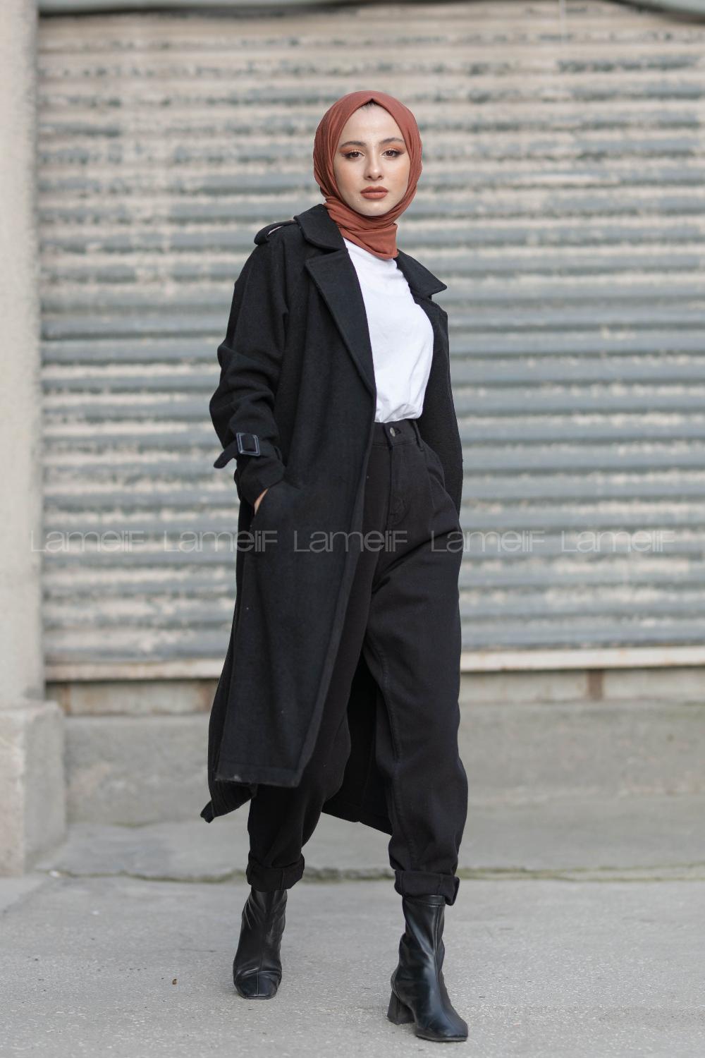 Modalamelif Kuşak Bağlamalı Kaşe Kaban Siyah