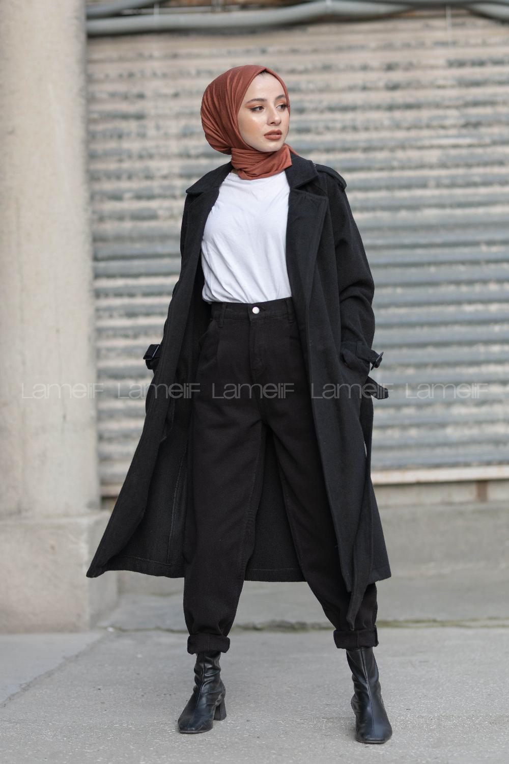 Modalamelif Kuşak Bağlamalı Kaşe Kaban Siyah