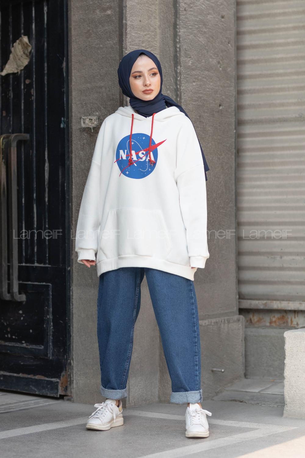 Modalamelif Nasa Üç İplik Yazı Baskılı Kapşonlu Sweat Beyaz