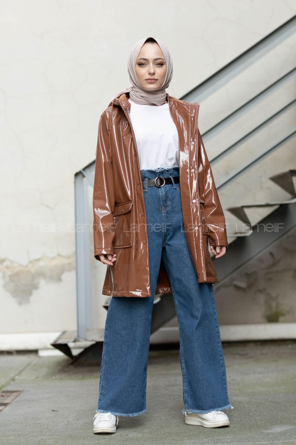 Modalamelif Önü Çıtçıt Düğmeli Rugan Yağmurluk Taba