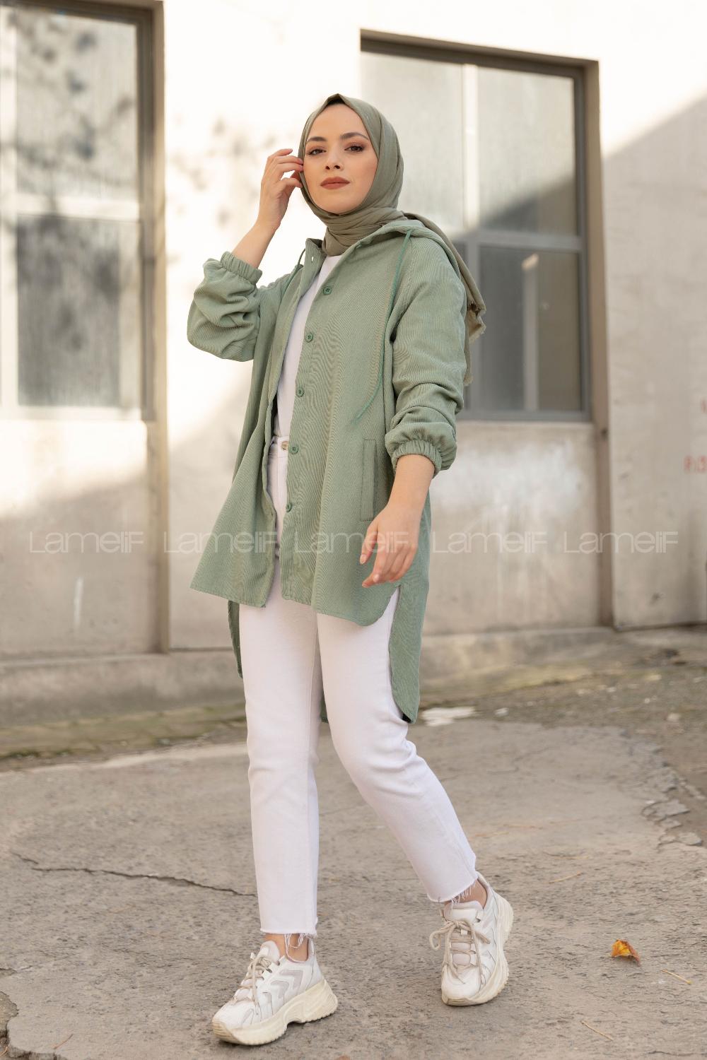 Modalamelif Önü Düğmeli Kapşonlu Kadife Gömlek Çağla