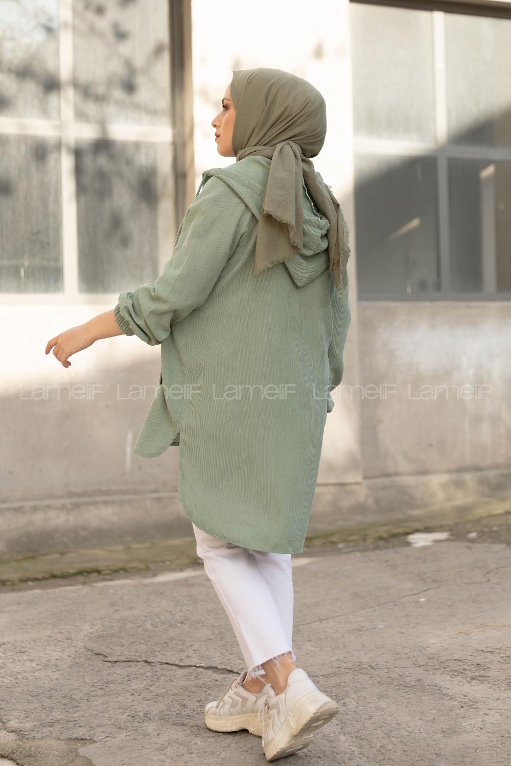 Modalamelif Önü Düğmeli Kapşonlu Kadife Gömlek Çağla