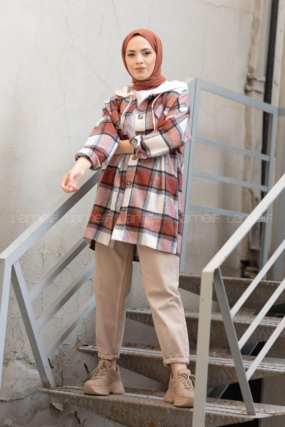 Modalamelif Penye Kapşonlu Ekose Oduncu Gömlek Kiremit