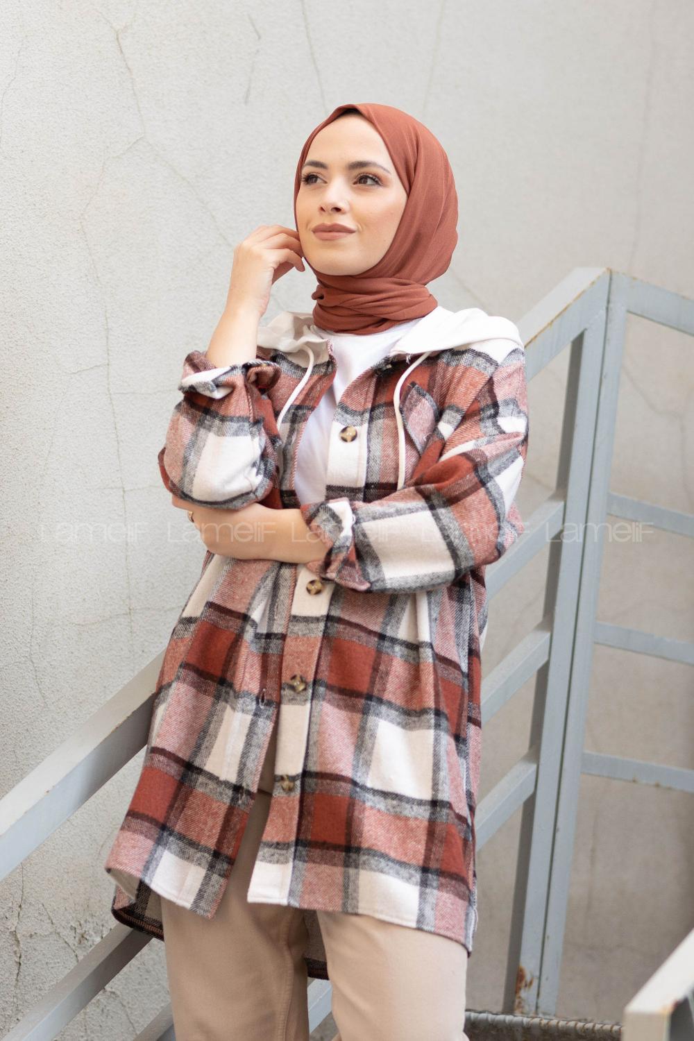 Modalamelif Penye Kapşonlu Ekose Oduncu Gömlek Kiremit