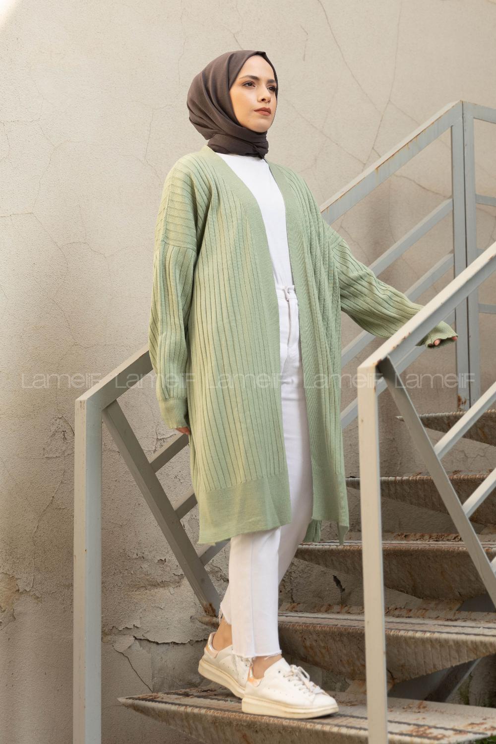 Modalamelif Salaş Fitilli Triko Hırka Çağla