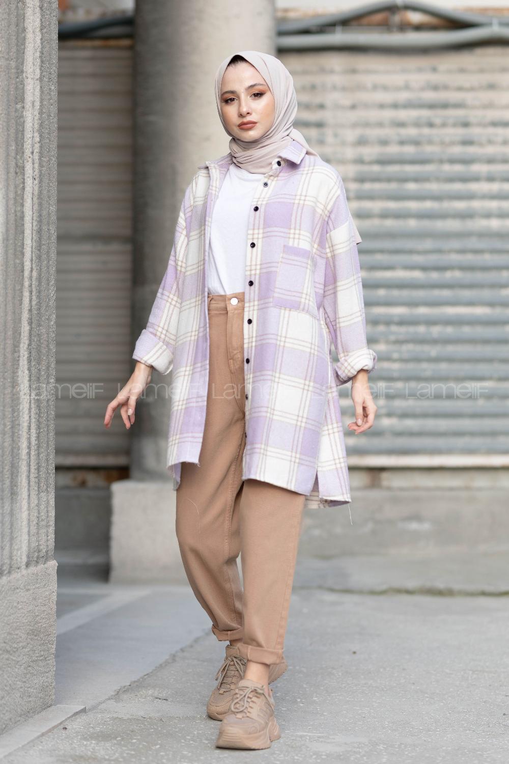 Modalamelif Tek Cepli Ekose Oduncu Gömlek Vizonrengi Lila