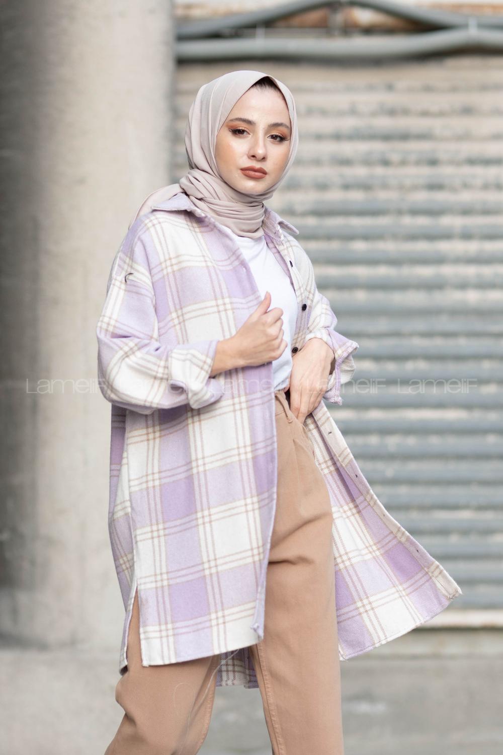 Modalamelif Tek Cepli Ekose Oduncu Gömlek Vizonrengi Lila