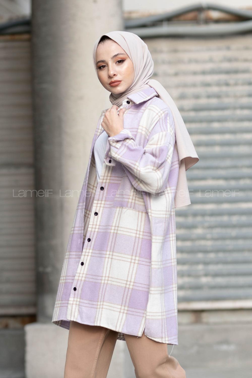 Modalamelif Tek Cepli Ekose Oduncu Gömlek Vizonrengi Lila