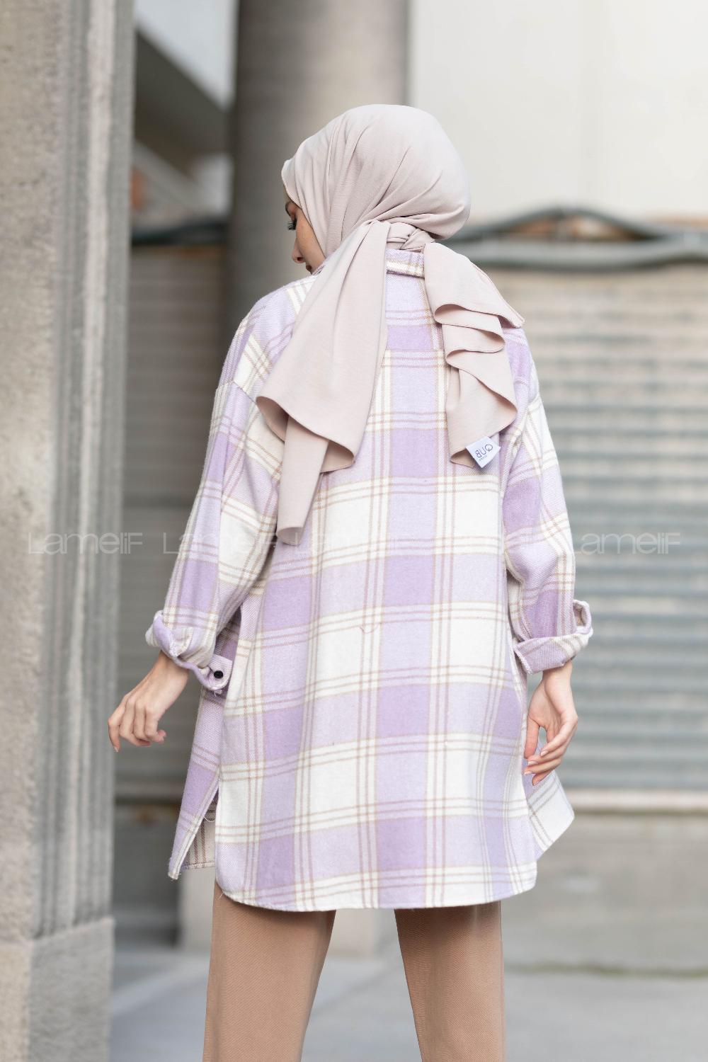 Modalamelif Tek Cepli Ekose Oduncu Gömlek Vizonrengi Lila