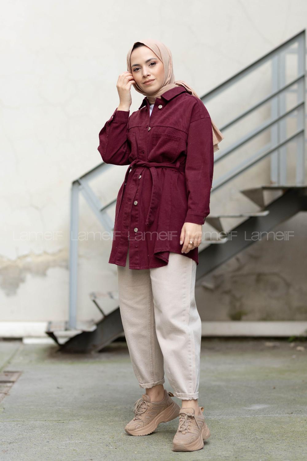 Modalamelif Yan Cep Kuşaklı Kot Ceket Bordo