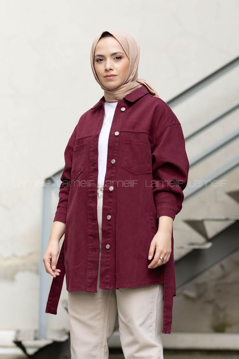 Modalamelif Yan Cep Kuşaklı Kot Ceket Bordo