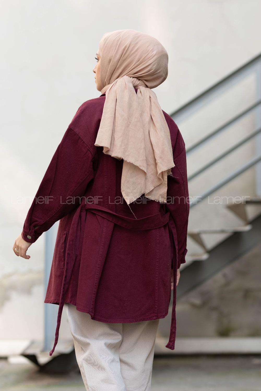 Modalamelif Yan Cep Kuşaklı Kot Ceket Bordo