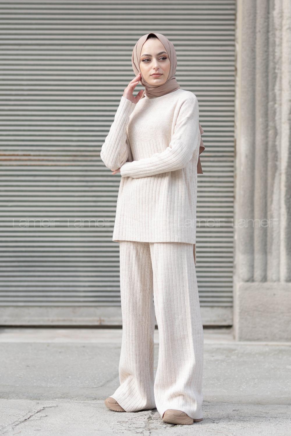 Modalamelif Yarım Balıkçı Yaka Triko İkili Takım Krem