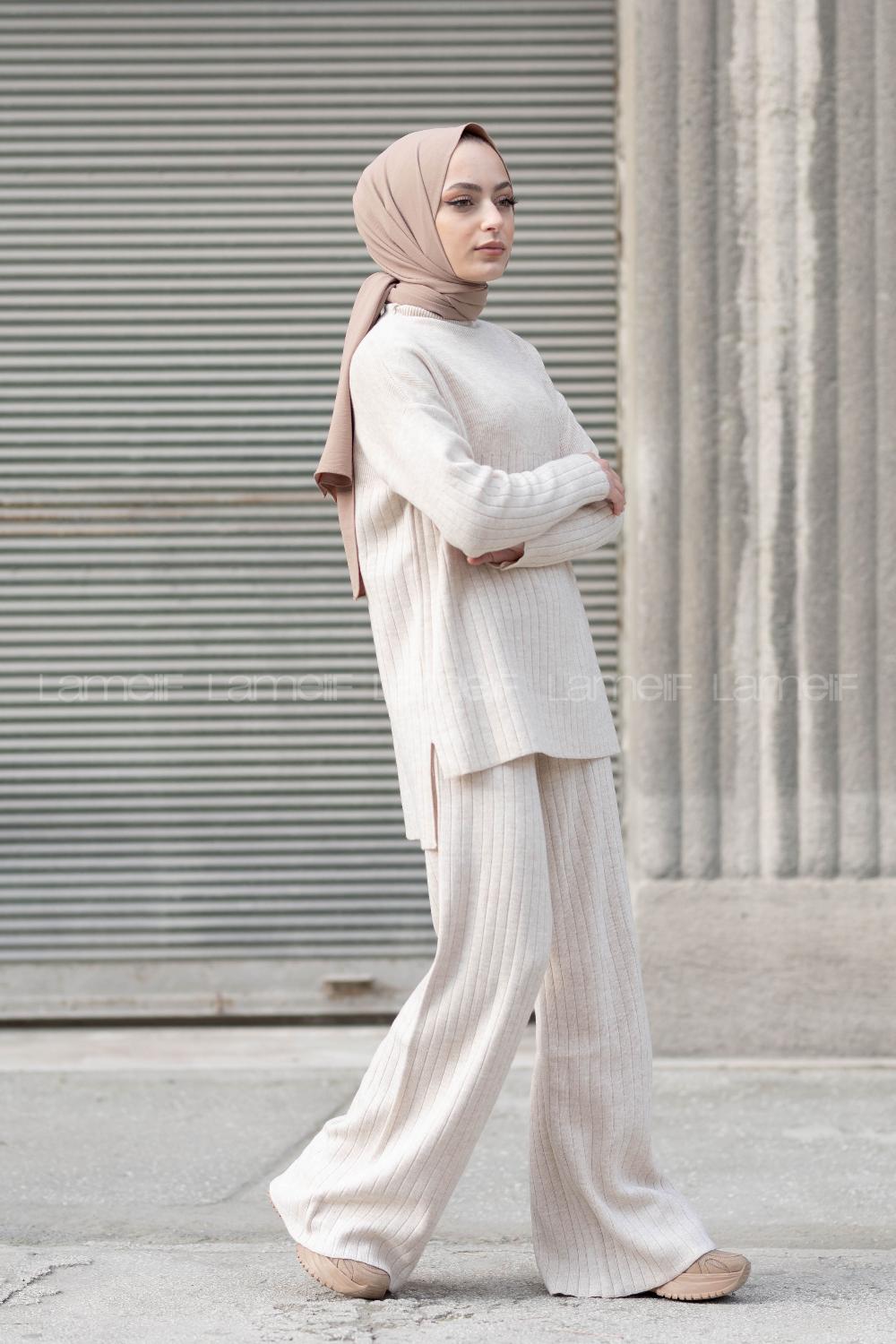 Modalamelif Yarım Balıkçı Yaka Triko İkili Takım Krem