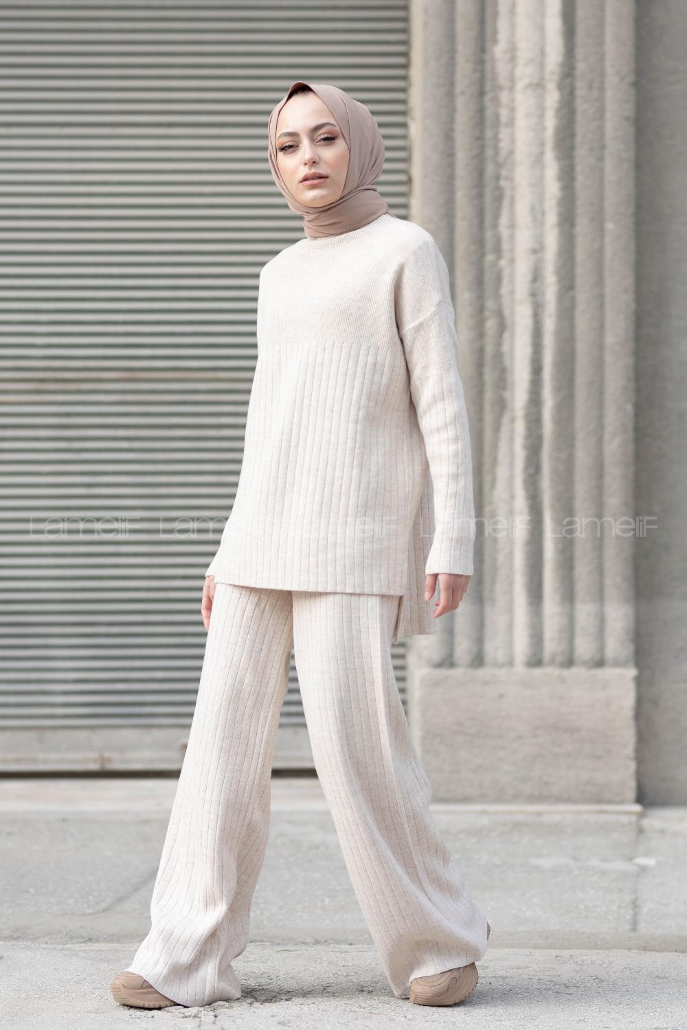 Modalamelif Yarım Balıkçı Yaka Triko İkili Takım Krem