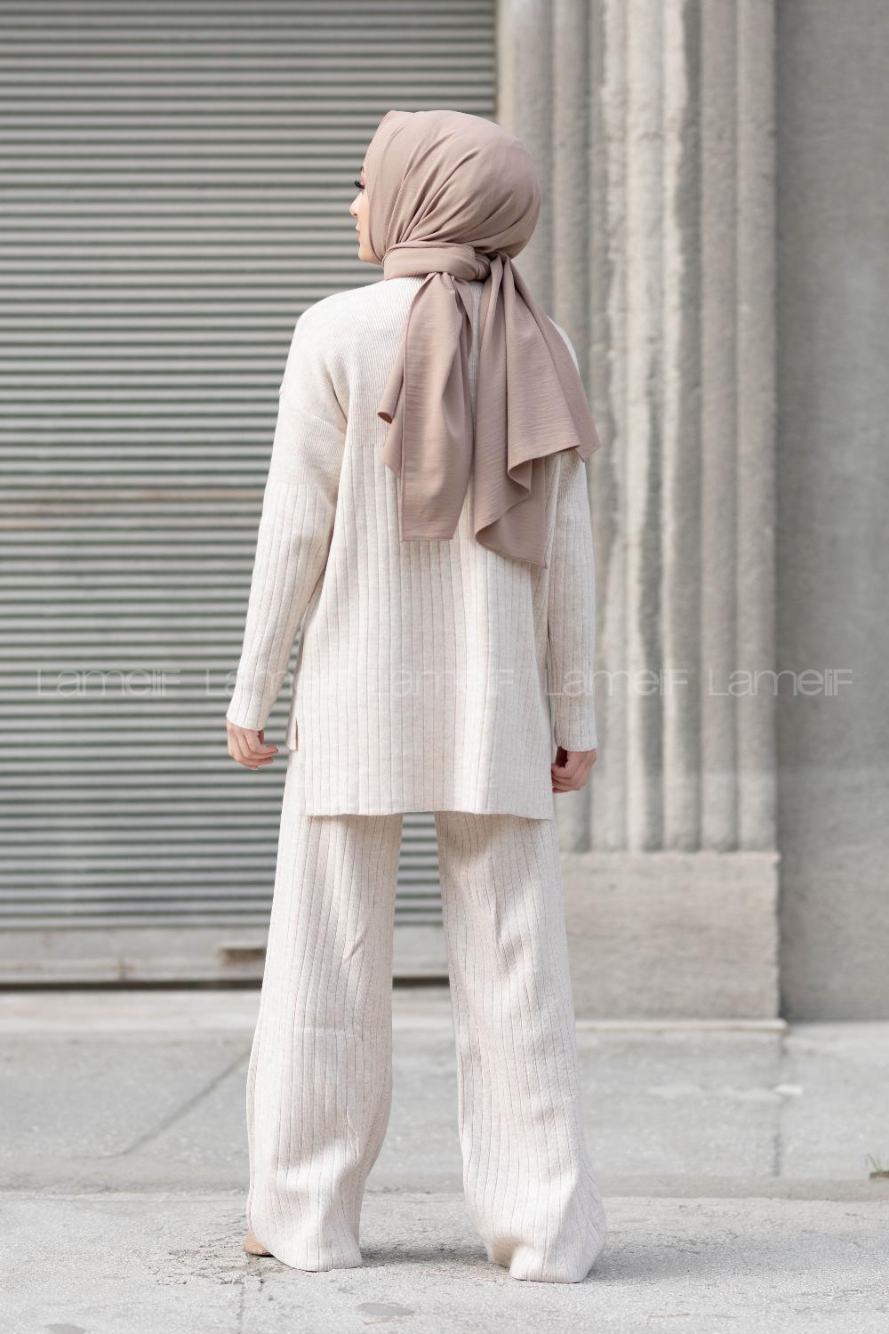 Modalamelif Yarım Balıkçı Yaka Triko İkili Takım Krem