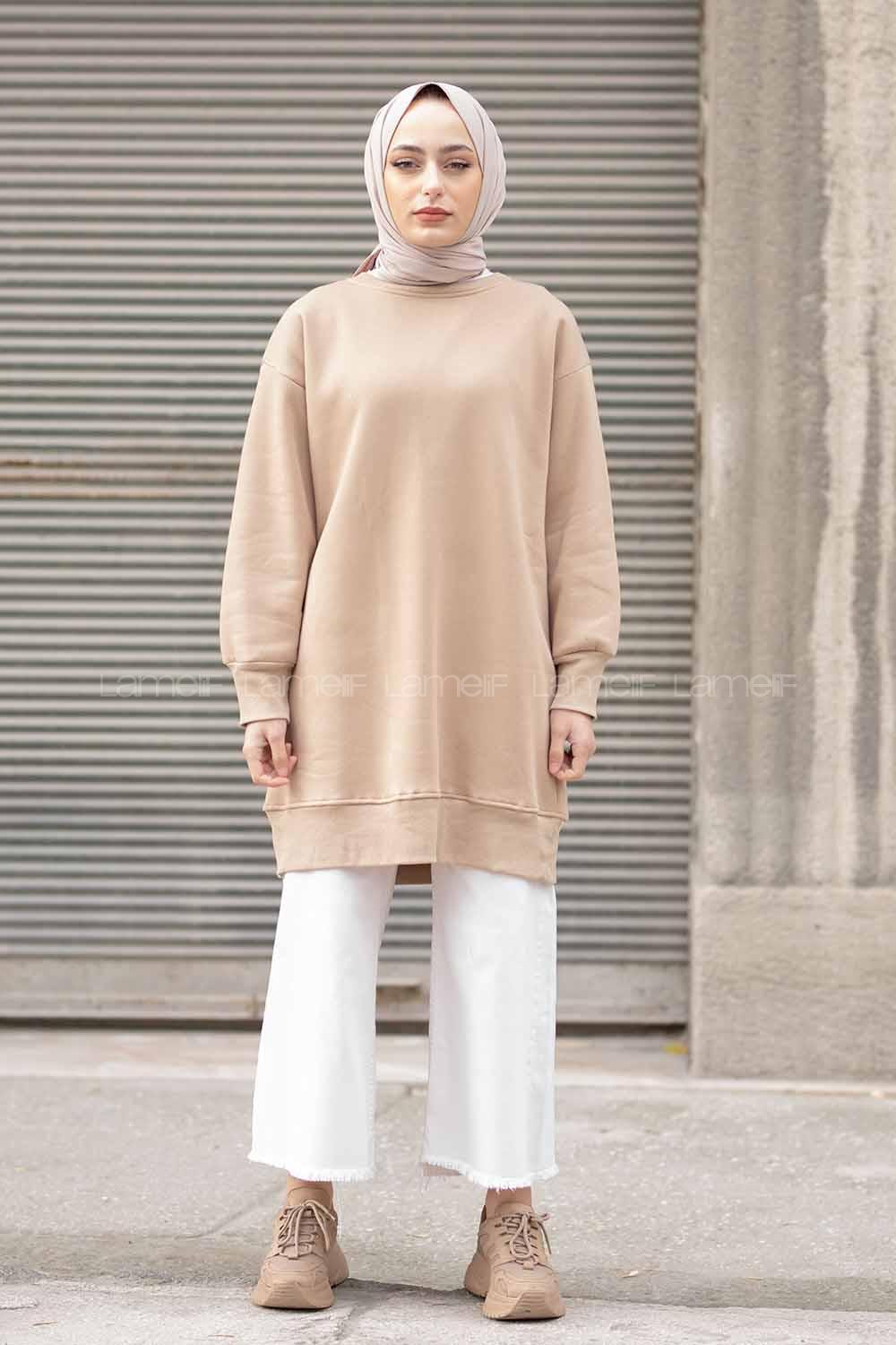 Modalamelif Bisiklet Yaka Balon Kol Uzun Tunik Bej
