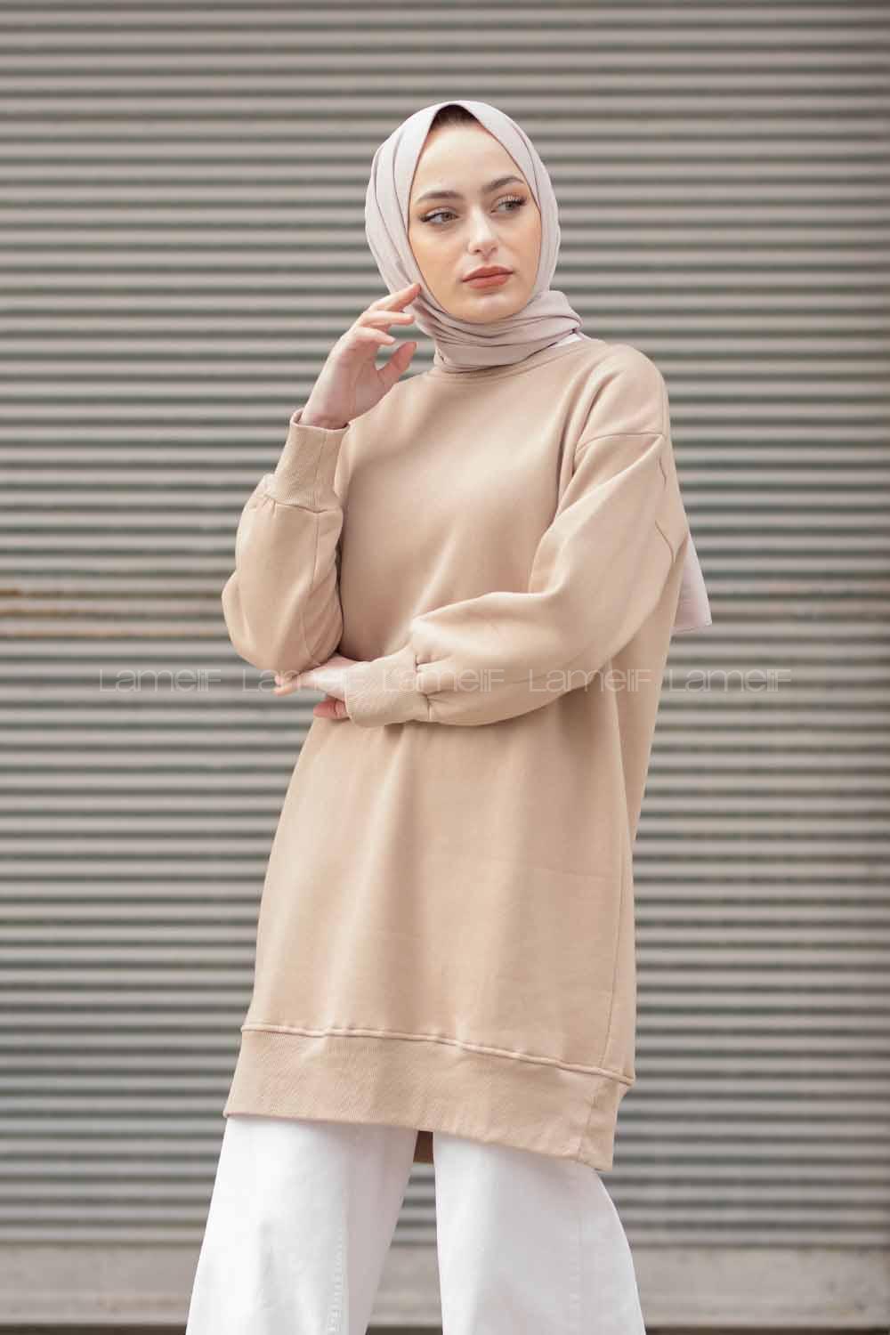 Modalamelif Bisiklet Yaka Balon Kol Uzun Tunik Bej