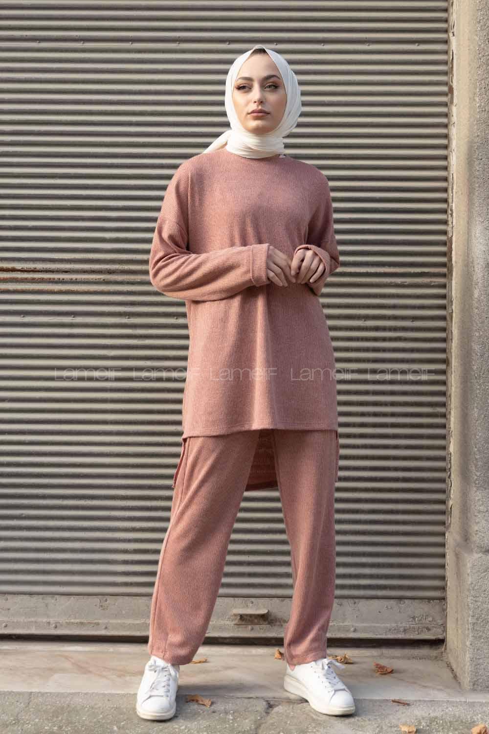 Modalamelif Bisiklet Yaka İkili Triko Takım Pudra