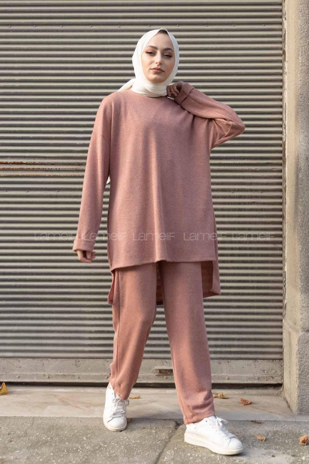 Modalamelif Bisiklet Yaka İkili Triko Takım Pudra