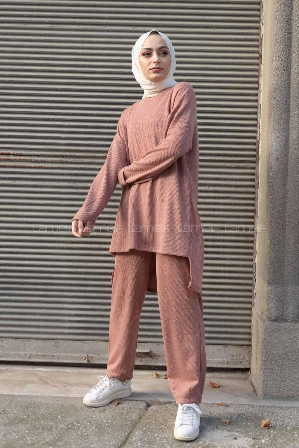 Modalamelif Bisiklet Yaka İkili Triko Takım Pudra