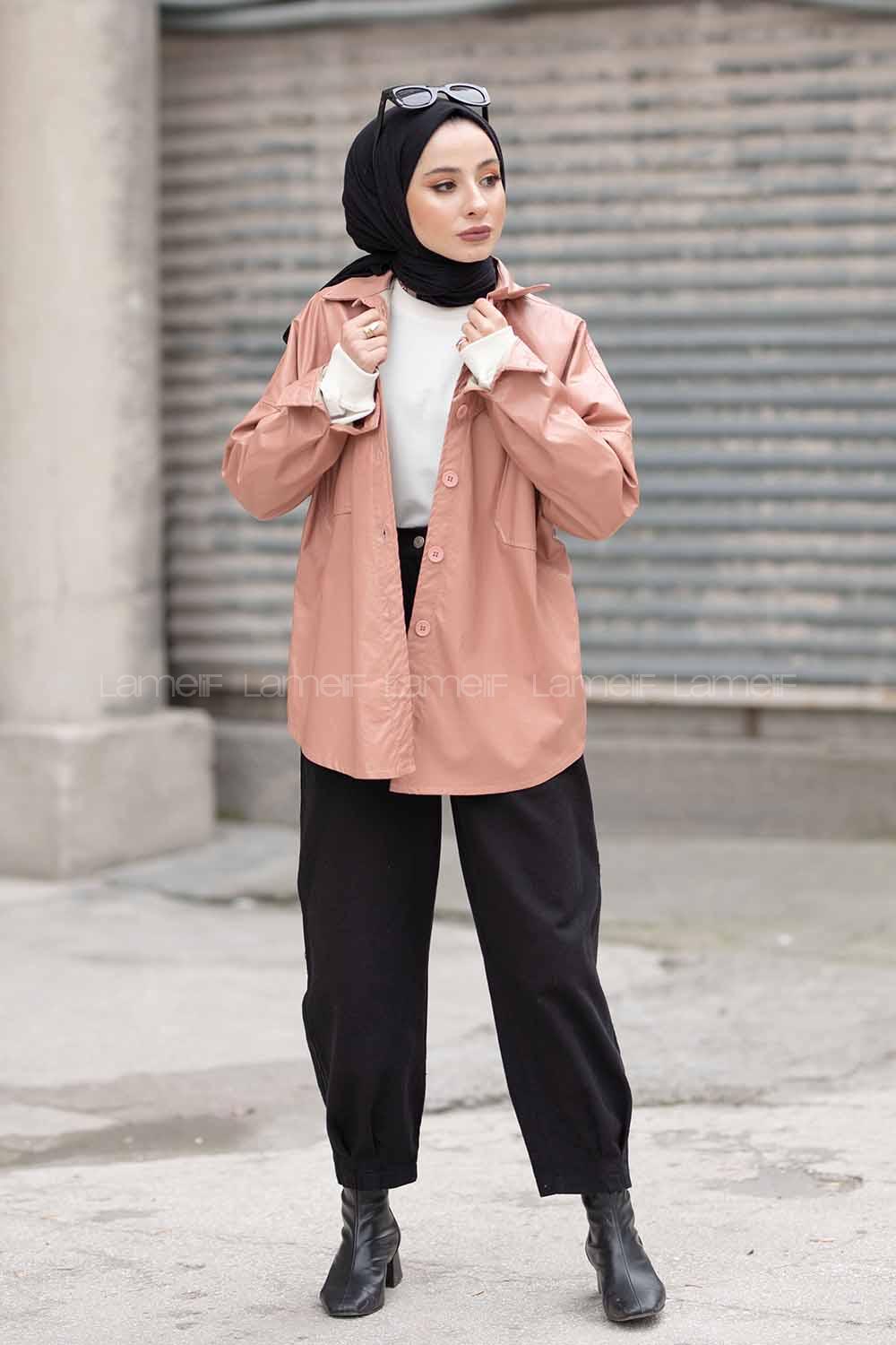 Modalamelif Cepli Oversize Deri Gömlek Pudra