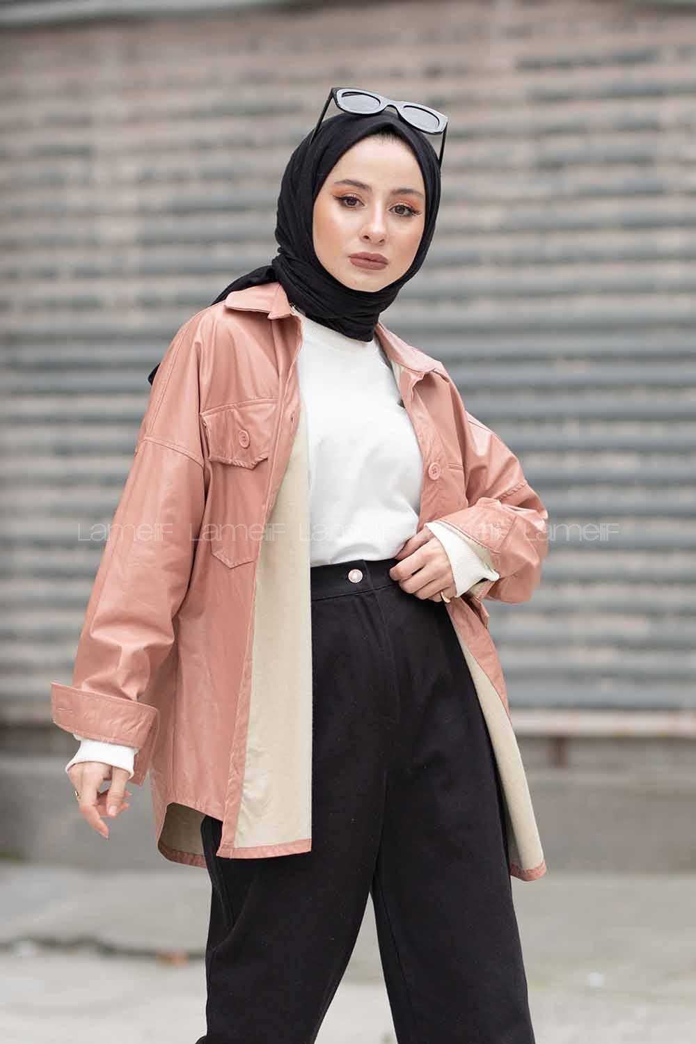 Modalamelif Cepli Oversize Deri Gömlek Pudra