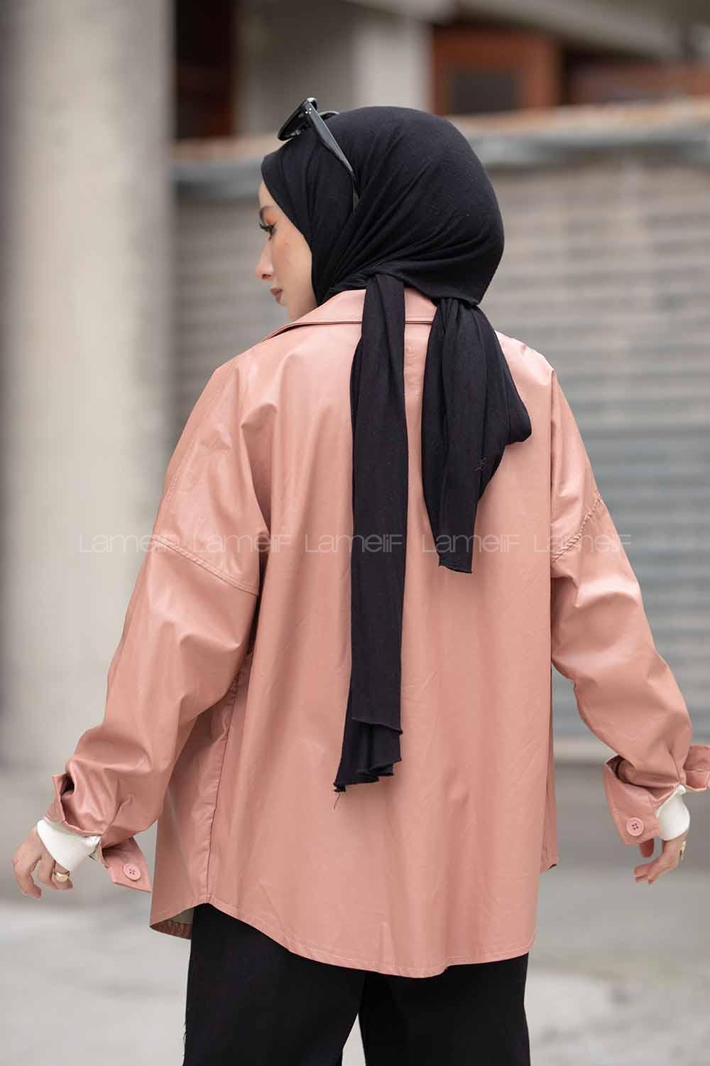 Modalamelif Cepli Oversize Deri Gömlek Pudra