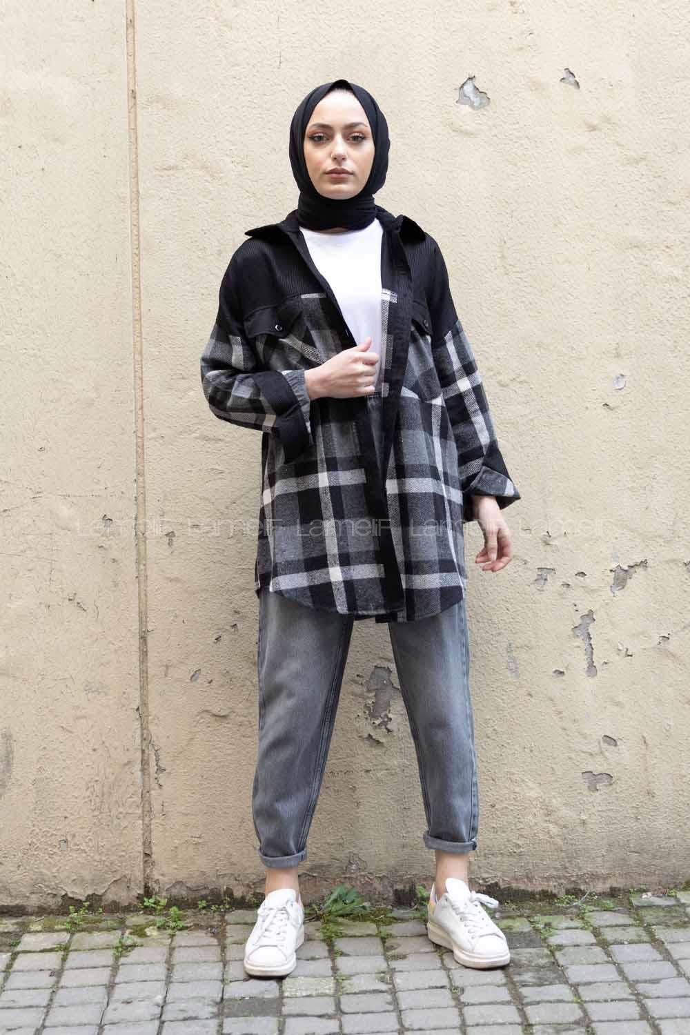 Modalamelif Çif Cepli Ekose Kadife Gömlek Gri