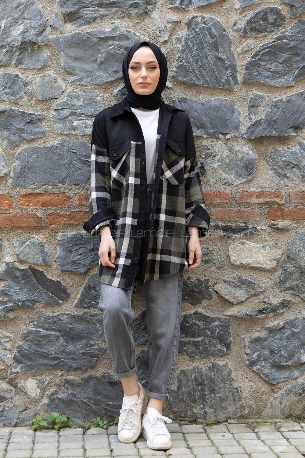 Modalamelif Çif Cepli Ekose Kadife Gömlek Haki