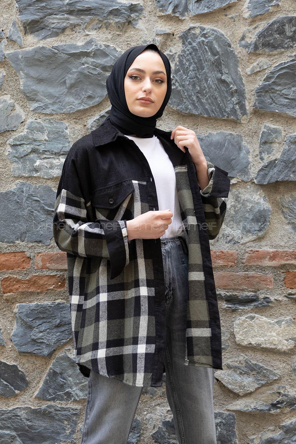 Modalamelif Çif Cepli Ekose Kadife Gömlek Haki