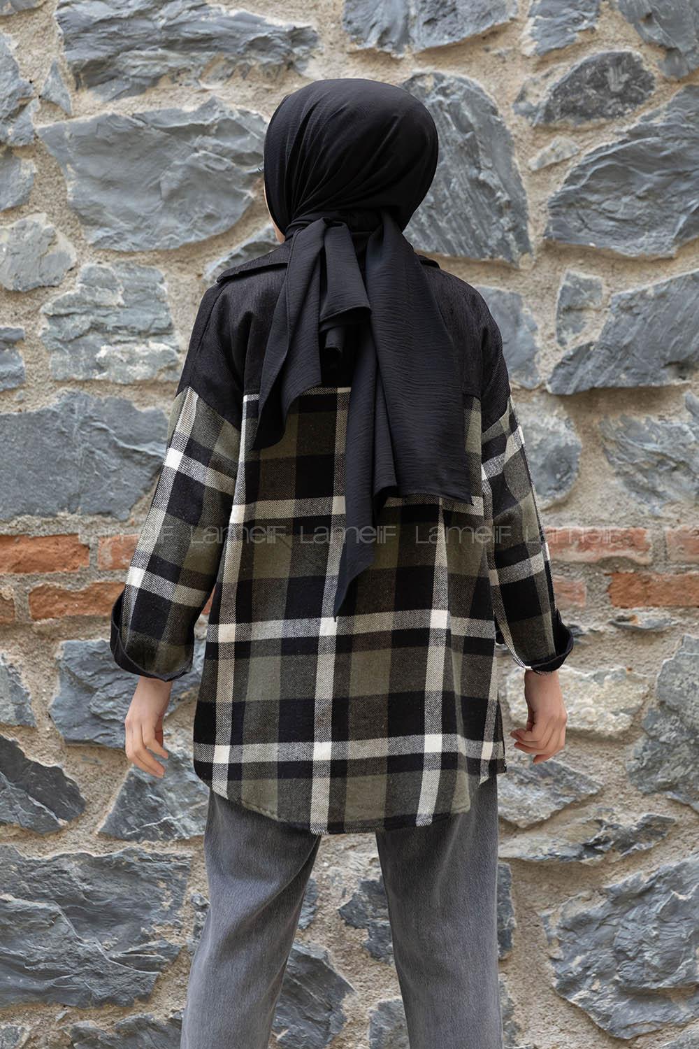 Modalamelif Çif Cepli Ekose Kadife Gömlek Haki