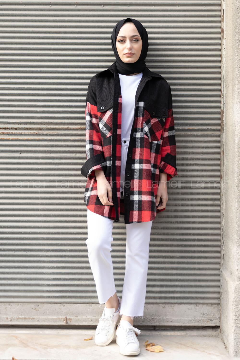 Modalamelif Çif Cepli Ekose Kadife Gömlek Kırmızı