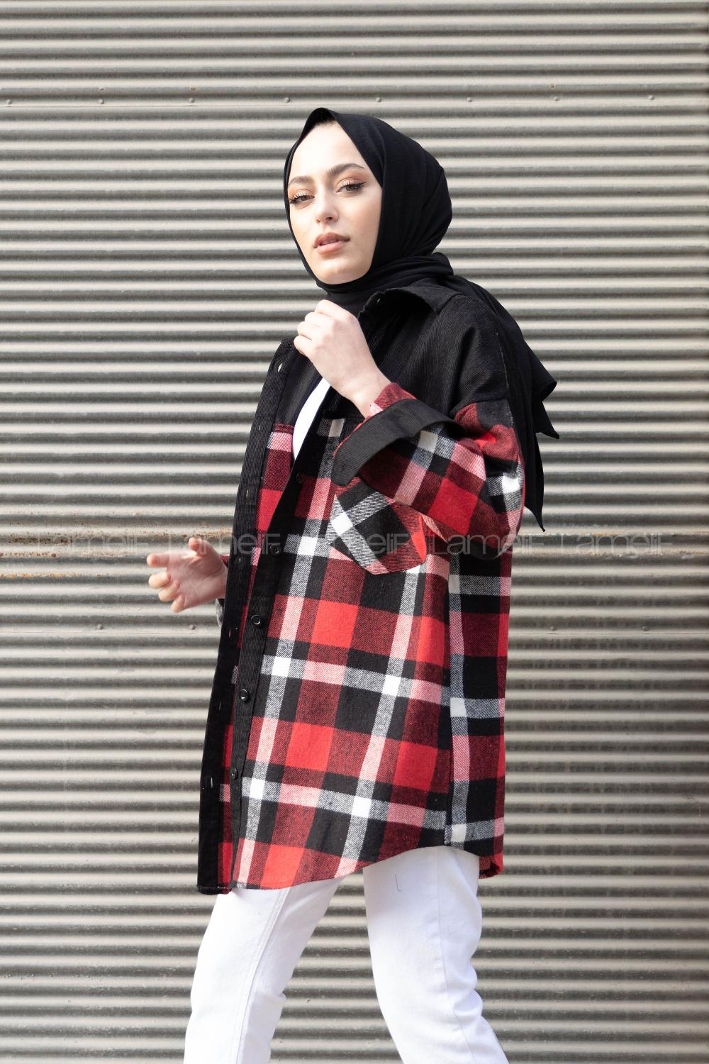 Modalamelif Çif Cepli Ekose Kadife Gömlek Kırmızı