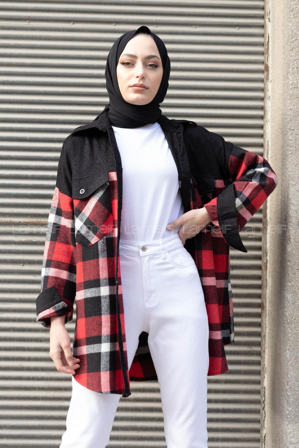 Modalamelif Çif Cepli Ekose Kadife Gömlek Kırmızı