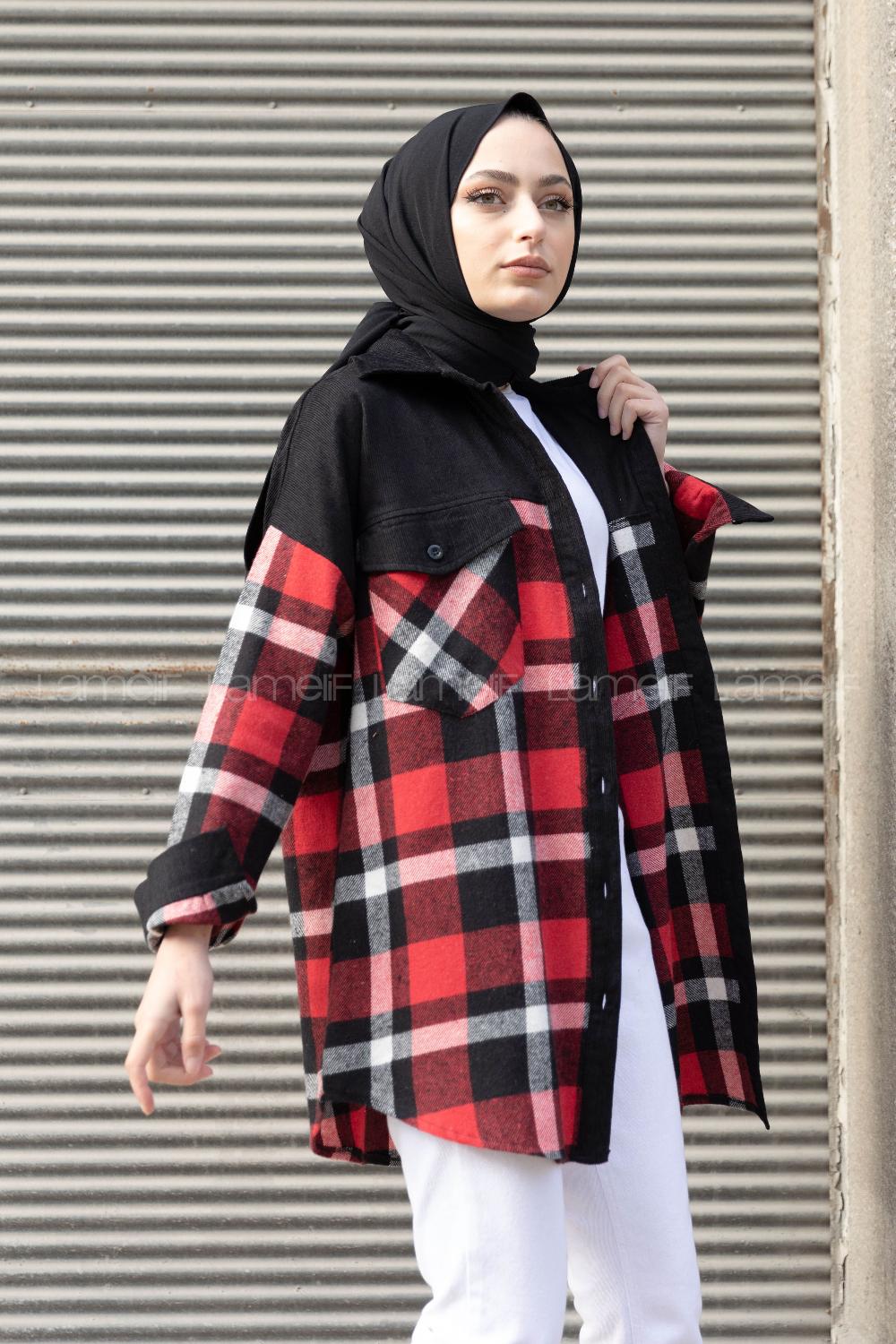 Modalamelif Çif Cepli Ekose Kadife Gömlek Kırmızı