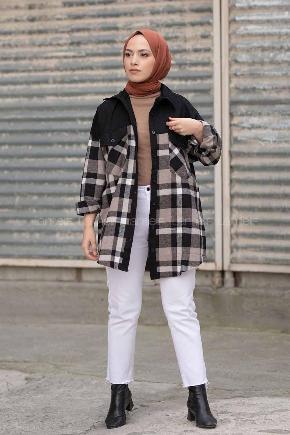 Modalamelif Çif Cepli Ekose Kadife Gömlek Siyah Vizonrengi