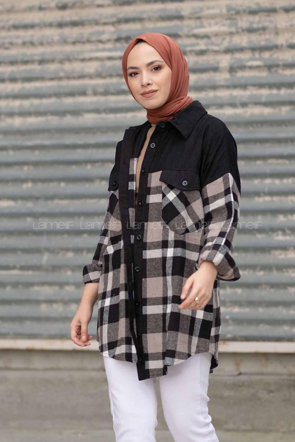 Modalamelif Çif Cepli Ekose Kadife Gömlek Siyah Vizonrengi