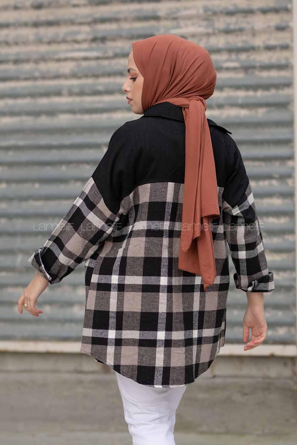 Modalamelif Çif Cepli Ekose Kadife Gömlek Siyah Vizonrengi