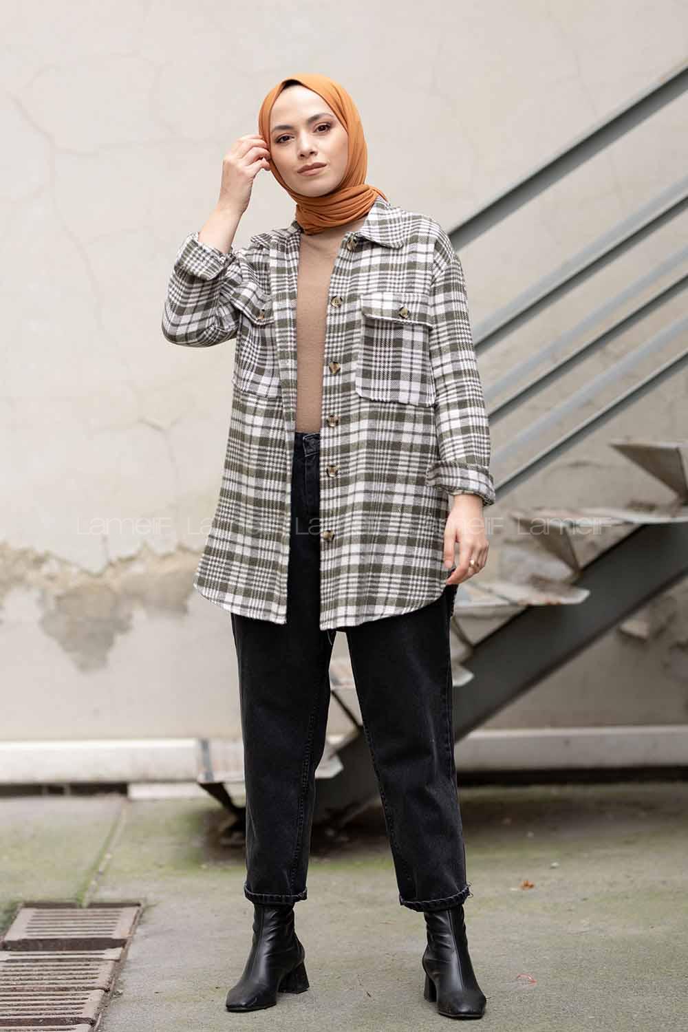 Modalamelif Çift Cepli Ekose Desen Gömlek Haki