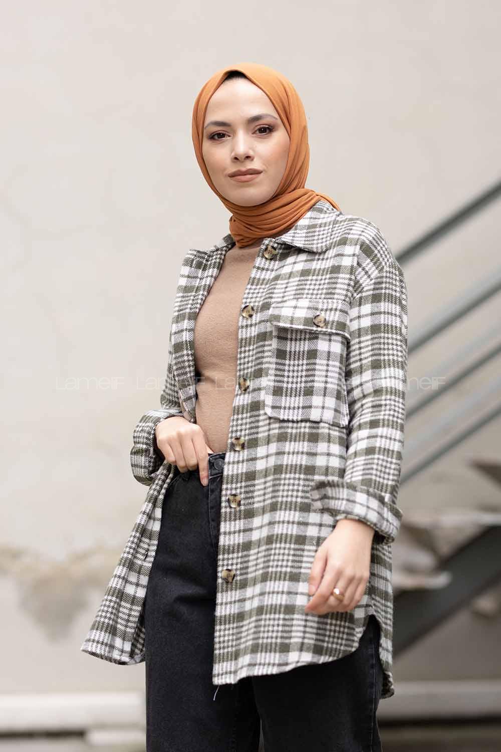 Modalamelif Çift Cepli Ekose Desen Gömlek Haki