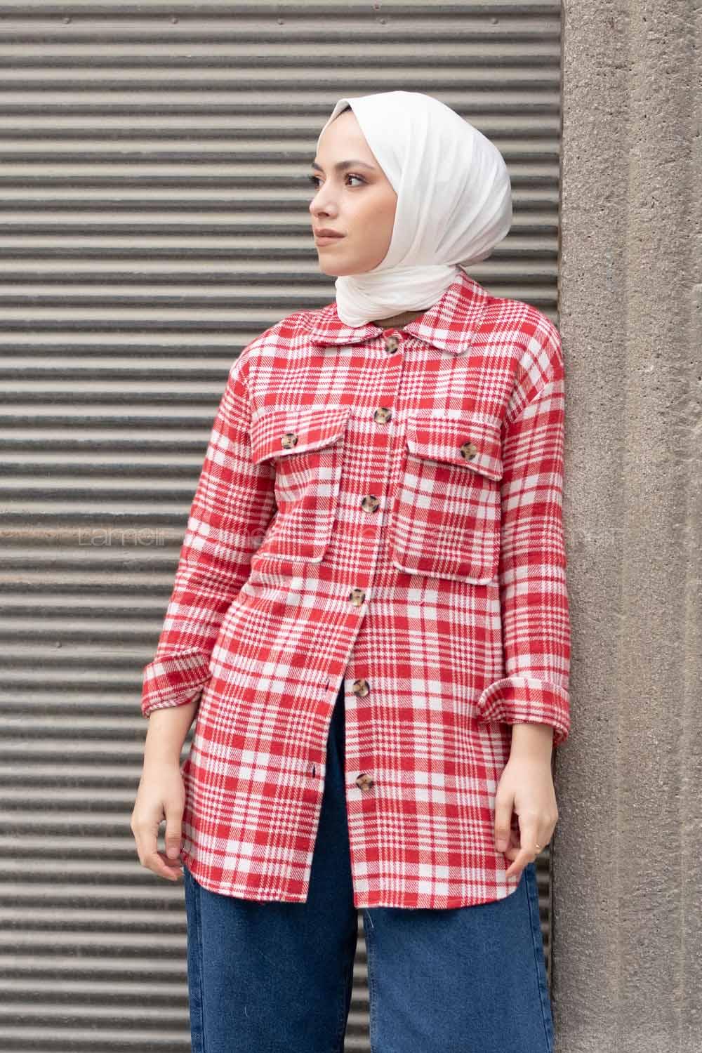 Modalamelif Çift Cepli Ekose Desen Gömlek Kırmızı