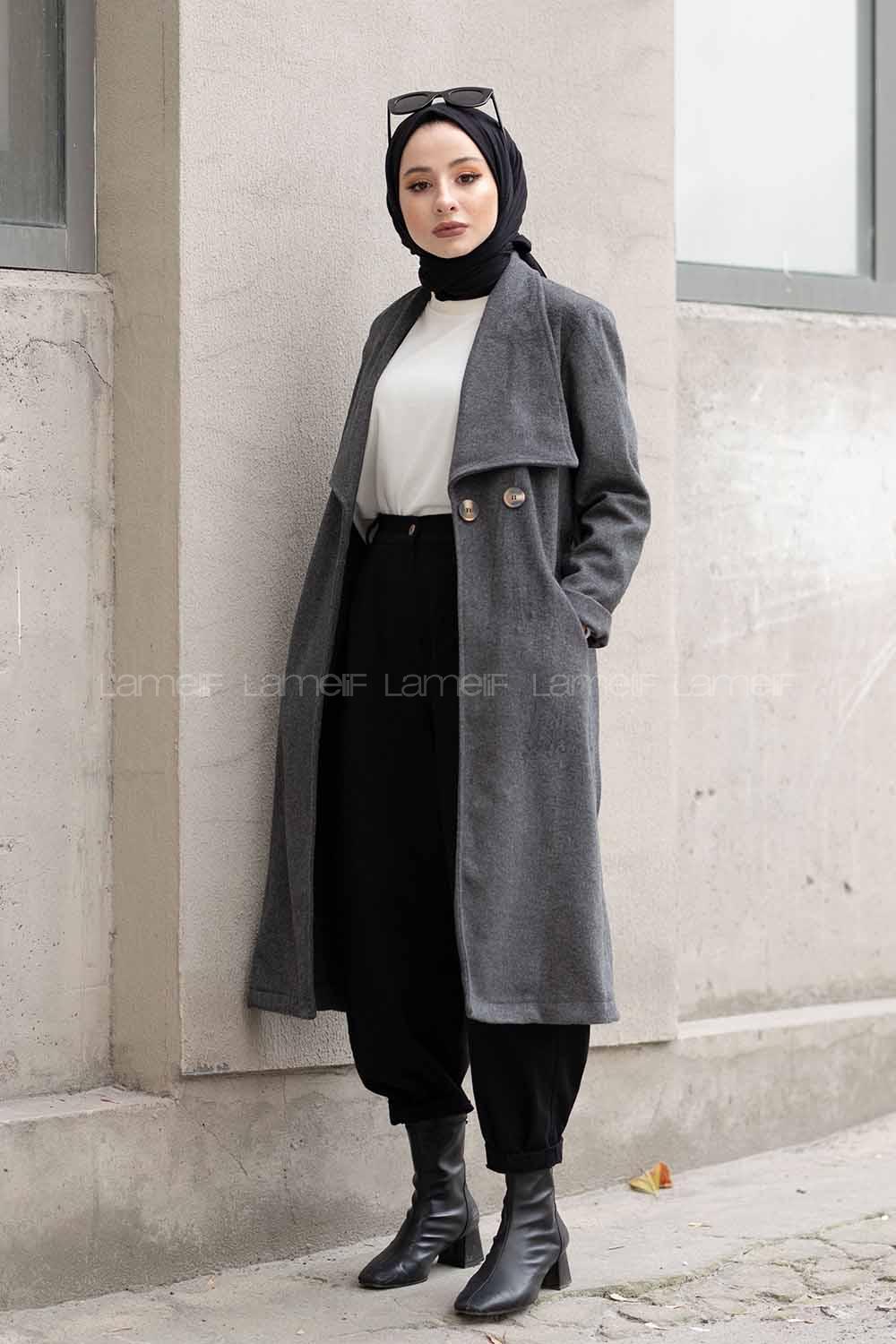 Modalamelif Çift Cepli Kuşaklı Kaşe Kaban Antrasit